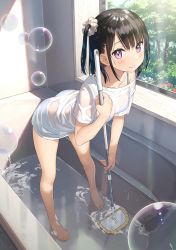 Rule 34 | 1girl, ass, barefoot, bathroom, bathtub, black hair, blue bra, blue panties, blush, bra, breasts, bubble, closed mouth, collarbone, day, flower, full body, grass, highres, holding, holding mop, indoors, kantoku, leaning forward, looking at viewer, mop, no pants, one side up, original, panties, polka dot, polka dot bra, polka dot panties, purple eyes, see-through, see-through silhouette, shirt, shizuku (kantoku), short hair, small breasts, smile, soap bubbles, solo, standing, t-shirt, tree, underwear, wet, wet clothes, wet shirt, window