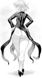 Rule 34 | 1girl, ass, curly hair, greyscale, hands on own hips, high heels, highres, huge ass, looking to the side, mogudan, monochrome, one-punch man, pelvic curtain, short hair, tatsumaki, thong