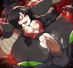 Rule 34 | 1boy, 1girl, bandages, black hair, black pants, blush, braid, breasts, cleavage, clothed sex, commission, copyright request, cum, cum in pussy, dark-skinned male, dark skin, full nelson, hetero, high heels, interracial, large breasts, long hair, merunyaa, open mouth, pants, penis, ponytail, pussy, red eyes, red footwear, red shirt, reverse suspended congress, sex, sex from behind, sharp teeth, shirt, spread legs, teeth, torn clothes, torn pants, vaginal