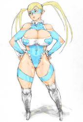 Rule 34 | 1990s (style), 1girl, bare shoulders, blonde hair, blue eyes, boots, breasts, bursting breasts, capcom, cleavage cutout, clothing cutout, collar, covered erect nipples, foreshortening, frilled collar, frills, full body, hands on own hips, heart, highleg, highleg leotard, hip focus, huge breasts, kyuraa (kyura9een), leotard, lips, mask, partially visible vulva, rainbow mika, retro artstyle, solo, standing, street fighter, street fighter zero (series), thick thighs, thigh boots, thighhighs, thighs, toned, twintails, wide hips