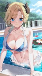 Rule 34 | 1girl, banned artist, bikini, black horns, blonde hair, blue eyes, blue sky, breasts, closed mouth, cloud, cup, day, drinking glass, enohoshi pechika, highres, horns, indie virtual youtuber, large breasts, looking at viewer, multicolored bikini, multicolored clothes, outdoors, parted bangs, pool, sake dong, second-party source, short hair, sky, smile, solo, swimsuit, virtual youtuber, water, wet, white bikini, wine glass