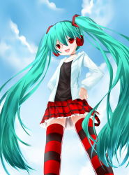 Rule 34 | 1girl, aqua hair, bad id, bad pixiv id, bespectacled, female focus, glasses, hatsune miku, headphones, kocchi muite baby (vocaloid), long hair, outdoors, project diva, project diva (series), project diva 2nd, red eyes, saru, skirt, sky, smile, solo, striped clothes, striped thighhighs, thighhighs, twintails, very long hair, vocaloid, zettai ryouiki