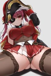 Rule 34 | 1girl, arm support, arm up, arrow through heart, bare shoulders, belt, belt buckle, black hat, black panties, black thighhighs, blush, breasts, brown leotard, brown thighhighs, buckle, choker, cleavage, closed mouth, commentary request, covered navel, cropped vest, epaulettes, eyepatch, frilled choker, frills, gloves, gluteal fold, hair ribbon, hat, highleg, highleg leotard, highres, hololive, houshou marine, jacket, kirikan (cokekiri), large breasts, leaning back, leotard, leotard under clothes, long hair, long sleeves, looking at viewer, medium breasts, microskirt, miniskirt, navel, off shoulder, panties, pirate, pirate hat, pleated skirt, purple hair, red eyes, red hair, red neckwear, red ribbon, red skirt, red vest, ribbon, see-through, see-through leotard, short hair, simple background, sitting, skirt, smile, solo, thighhighs, thighs, twintails, underwear, vest, virtual youtuber, white background, white gloves