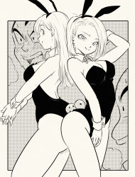 Rule 34 | 2boys, 2girls, \||/, absurdres, android 18, animal ears, ass, ass-to-ass, back-to-back, backless leotard, bare arms, bare legs, bare shoulders, black leotard, blush, border, bow, bowtie, breasts, breath, bulma, cleavage, closed mouth, detached collar, dragon ball, dragon ball (classic), dragon ball (object), dragonball z, fake animal ears, forehead, from behind, grin, hand up, highleg, highleg leotard, highres, husband and wife, kuririn, legs, leotard, long hair, looking at viewer, looking back, medium breasts, mixed-language commentary, monochrome, multiple boys, multiple girls, neck, open mouth, own hands clasped, own hands together, pervert, pink mousse, playboy bunny, rabbit ears, short hair, smile, split mouth, standing, strapless, strapless leotard, surprised, sweat, teeth, thighs, upper teeth only, vegeta, white border, wrist cuffs, yuri