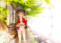 Rule 34 | 1girl, anmi, breasts, brown hair, camisole, cherry blossoms, food, glasses, highres, jacket, lingerie, midriff, mouth mask, no pants, onigiri, open clothes, open shirt, original, panties, petals, pink panties, plant, red eyes, shirt, shop, sidewalk, small breasts, solo, stairs, surgical mask, track jacket, tree, twintails, two side up, underwear, vines
