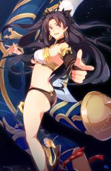 Rule 34 | 1girl, armlet, ass, asymmetrical legwear, asymmetrical sleeves, bare shoulders, bikini, black bikini, black bridal gauntlets, black choker, black ribbon, blue thighhighs, breasts, bridal gauntlets, choker, crown, earrings, ebbilin, eyes visible through hair, fate/grand order, fate (series), floating hair, hair ribbon, hand up, happy, head tilt, heavenly boat maanna, high heels, hoop earrings, ishtar (fate), jewelry, large breasts, long hair, long legs, looking at viewer, looking back, medium breasts, midriff, neck, necklace, open mouth, outstretched arm, parted bangs, pointing, revealing clothes, ribbon, sideboob, single bare arm, single bare leg, single bridal gauntlet, single thighhigh, solo, space, standing, standing on one leg, strapless, strapless bikini, swimsuit, teeth, thighhighs, tohsaka rin, two side up, type-moon, uneven legwear, uneven sleeves, upper teeth only, white bikini, yellow footwear