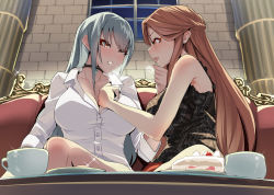 Rule 34 | 2girls, after kiss, bare shoulders, black choker, black tank top, blue hair, braid, breasts, brick wall, brown eyes, brown hair, cake, choker, cleavage, collared shirt, commentary request, commission, couch, crossed legs, cup, dress shirt, food, from below, grabbing another&#039;s chin, hand on another&#039;s chin, highres, holding, holding clothes, holding shirt, idolmaster, idolmaster cinderella girls, jewelry, large breasts, long hair, monobe yuri, multiple girls, necklace, pillar, plate, saliva, saliva trail, shirt, sitting, skeb commission, takamine noa, tank top, thighs, white shirt, window, yuri, zaizen tokiko