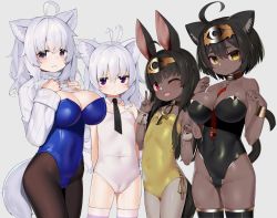 Rule 34 | 4girls, ;d, ahoge, animal ear fluff, animal ears, antenna hair, bad id, bad twitter id, bare shoulders, black hair, black legwear, black leotard, black neckwear, blue leotard, blush, breasts, brown legwear, cameltoe, cat girl, cleavage, clothes lift, collar, commentary request, covered navel, dark-skinned female, dark skin, detached collar, egyptian, female focus, fingernails, grey background, grey eyes, grey legwear, groin, hair between eyes, hands up, headpiece, highres, kittysuit, large breasts, leotard, long hair, long sleeves, looking at viewer, miyamae (miyazen9311), multiple girls, nontraditional playboy bunny, one eye closed, open mouth, original, pantyhose, playboy bunny, purple eyes, red eyes, ribbed sweater, short hair, silver hair, simple background, small breasts, smile, strapless, strapless leotard, sweater, sweater lift, tail, thick eyebrows, thighhighs, v, very long hair, white collar, white leotard, white sweater, wing collar, wrist cuffs, yellow eyes, yellow leotard