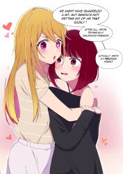 Rule 34 | 2girls, :o, arima kana, black dress, blonde hair, blush, commentary, double-parted bangs, dress, english commentary, english text, eyelashes, front-to-back, hair between eyes, heart, highres, holding another&#039;s arm, hoshino ruby, hug, hug from behind, long sleeves, looking at another, looking at viewer, looking back, multiple girls, off-shoulder dress, off shoulder, open mouth, oshi no ko, pink background, purple eyes, red eyes, red hair, risdelusions, shirt, short sleeves, skirt, sleeves past wrists, spaghetti strap, speech bubble, star-shaped pupils, star (symbol), striped clothes, striped shirt, surprised, symbol-shaped pupils, w arms, white background, white skirt, yellow shirt