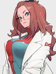 Rule 34 | 1girl, alternate hairstyle, android 21, black ribbon, blue eyes, breasts, checkered clothes, checkered dress, closed mouth, dragon ball, dragon ball fighterz, dress, glasses, grey background, hair ribbon, kemachiku, lab coat, long hair, long sleeves, looking at viewer, red hair, red ribbon army, ribbon, simple background, smile, solo, upper body