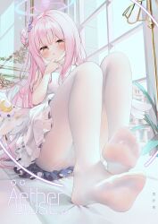 Rule 34 | 1girl, blue archive, blush, breasts, chen bin, comiket 102, commentary request, cover, dorsiflexion, dress, feet, flower, frills, hair bun, hair flower, hair ornament, halo, highres, indoors, knees up, legs, long hair, looking at viewer, medium breasts, mika (blue archive), no shoes, pantyhose, parted lips, pink hair, plant, single side bun, sitting, soles, solo, toes, very long hair, white dress, window, wing ornament, wings, yellow eyes