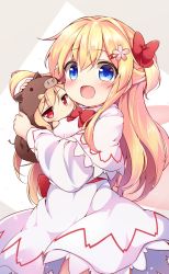 Rule 34 | 2girls, animal costume, baku-p, blonde hair, blue eyes, boar costume, bow, chibi, commentary request, dress, flower, hair bow, hair flower, hair ornament, hairclip, hug, lily black, lily white, long hair, multiple girls, open mouth, red eyes, ribbon, smile, touhou, white dress