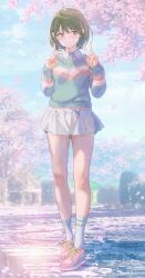 Rule 34 | 1girl, absurdres, angry, aora, blue sky, blush, breasts, cherry blossoms, cloud, commentary, day, double v, falling petals, full body, green eyes, green hair, green sweater, hair ornament, hairclip, hands up, highres, idolmaster, idolmaster shiny colors, legs, long sleeves, medium breasts, miniskirt, nanakusa nichika, outdoors, petals, pink footwear, shoes, short hair, sidelocks, skirt, sky, sneakers, socks, solo, standing, stone floor, sunlight, sweater, thighs, tree, v, v-shaped eyebrows, wavy mouth, white skirt, white socks, wind, wing collar