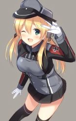Rule 34 | 1girl, ;d, black skirt, black thighhighs, blonde hair, blush, gloves, green eyes, grey background, grey hat, grey ribbon, hair between eyes, hair ribbon, hat, highres, kantai collection, long hair, military, military hat, military uniform, miniskirt, one eye closed, open mouth, pleated skirt, prinz eugen (kancolle), ribbon, simple background, sketch, skirt, smile, solo, thighhighs, tomoo (tomo), uniform, w, white gloves