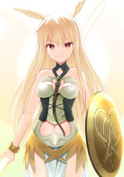 Rule 34 | 1girl, bare shoulders, bell (oppore coppore), blonde hair, bracelet, breasts, bright pupils, fate/grand order, fate (series), hair between eyes, head wings, highres, holding, holding polearm, holding shield, holding spear, holding weapon, jewelry, long hair, looking at viewer, medium breasts, pelvic curtain, polearm, red eyes, shield, smile, solo, spear, standing, thrud (fate), valkyrie (fate), weapon, wings