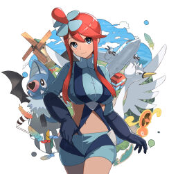 Rule 34 | 1girl, aircraft, airplane, bird, black eyes, blue eyes, blue jacket, blue shorts, bright pupils, closed mouth, cloud, commentary request, creatures (company), cropped jacket, fangs, fangs out, feathers, game freak, gen 4 pokemon, gen 5 pokemon, gloves, hair ornament, hand on own hip, highres, hirono (hxze4434), jacket, midriff, navel, nintendo, one side up, pokemon, pokemon (creature), pokemon bw, pokemon center, red hair, rotom, rotom (fan), short hair with long locks, short shorts, shorts, sidelocks, sky, skyla (pokemon), smile, swanna, swoobat, turtleneck, white pupils, windmill