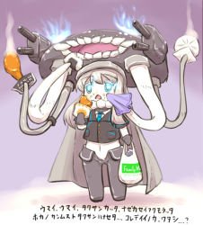 Rule 34 | 10s, 1girl, abyssal ship, alternate costume, aqua eyes, bad id, bad pixiv id, bag, baozi, blush, cannon, cape, food, fried chicken, glowing, glowing eyes, hat, holding, kantai collection, napkin, necktie, onigiri, open mouth, pale skin, short hair, silver hair, solo, standing, teeth, translation request, triangle mouth, turret, u-non (annon&#039;an), weapon, wo-class aircraft carrier