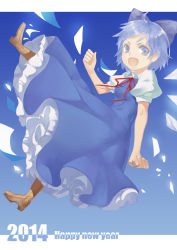 Rule 34 | 1girl, 2014, :d, ahoge, baiguiyu, blue dress, blue eyes, blue hair, bow, brown footwear, chinese commentary, cirno, commentary request, dress, frilled dress, frills, hair bow, happy new year, highres, ice, leg up, looking at viewer, neck ribbon, new year, open mouth, puffy short sleeves, puffy sleeves, red ribbon, ribbon, short sleeves, smile, solo, touhou