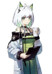 Rule 34 | 1girl, absurdres, animal ear fluff, animal ears, arknights, bare shoulders, bright pupils, cat ears, cat girl, chinese commentary, clipboard, closed mouth, coat, colored inner hair, commentary request, cowboy shot, cup, dress, expressionless, green dress, green eyes, green hair, hand up, highres, holding, holding clipboard, holding cup, kal&#039;tsit (arknights), loading icon, long dress, long sleeves, looking at viewer, material growth, mug, multicolored hair, nian962464, off shoulder, open clothes, open coat, oripathy lesion (arknights), russian text, short hair with long locks, simple background, solo, standing, star of life, stethoscope, white background, white coat, white hair, white pupils