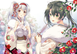 Rule 34 | 2girls, arrow (projectile), blush, christmas, christmas ornaments, flower, flower ornament, green eyes, green hair, hair ornament, hairband, holding, holding paper, japanese clothes, kantai collection, kimono, light smile, long hair, looking at viewer, looking back, minakami nagara, multicolored background, multiple girls, nengajou, new year, open mouth, paper, ponytail, red flower, red hairband, shoukaku (kancolle), side ponytail, snow, twintails, white hair, yellow eyes, yukata, zuikaku (kancolle)