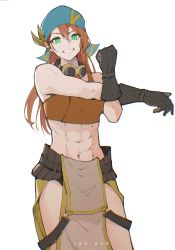 Rule 34 | 1girl, abs, absurdres, bandana, belt, black gloves, blacksmith, blue bandana, braid, brown hair, crop top, gloves, goggles, goggles around neck, green eyes, grin, highres, jon eve, leather, long hair, midriff, minayle (monster hunter), monster hunter (series), monster hunter rise, muscular, muscular female, pelvic curtain, side braid, simple background, smile, solo, stretching, suspenders hanging, white background
