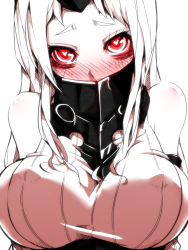 Rule 34 | 10s, 1girl, abyssal ship, blush, breasts, close-up, dress, covered erect nipples, heart, heart-shaped pupils, jin (mugenjin), kantai collection, large breasts, long hair, personification, red eyes, ribbed dress, seaport princess, solo, symbol-shaped pupils, white background, white hair