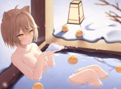 Rule 34 | 1girl, bathing, breasts, brown hair, cleavage, collarbone, completely nude, convenient arm, hair between eyes, highres, honyuuruinomoto, indie virtual youtuber, nude, onsen, open mouth, rurudo lion, short hair, small breasts, smile, snow, solo, virtual youtuber, yellow eyes