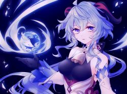 Rule 34 | 1girl, ahoge, bare shoulders, bell, black gloves, blue hair, breasts, detached sleeves, ganyu (genshin impact), genshin impact, gloves, highres, horns, impossible clothes, kichiretroscena, long hair, looking at viewer, magic, medium breasts, neck bell, orb, parted lips, purple eyes, qilin (mythology), sidelocks, snowflakes, solo, sparkle, upper body, white sleeves, wind