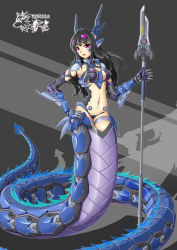 Rule 34 | 1girl, black hair, braid, breasts, bzs (kage no shinobu), hand on own hip, headgear, highres, holding, holding weapon, horns, lamia, lance, large breasts, long hair, mecha musume, monster girl, navel, original, polearm, purple eyes, simple background, skindentation, weapon