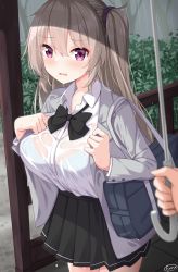 Rule 34 | 1girl, black skirt, blue bra, blush, bra, bra visible through clothes, breasts, brown hair, bus stop, bush, commentary, english commentary, fang, grey jacket, hair between eyes, hayana neru, highres, jacket, large breasts, long hair, looking at viewer, open mouth, original, outdoors, pleated skirt, pov, purple eyes, rain, school uniform, see-through, shirt, signature, skirt, underwear, wet, wet clothes, wet shirt, white shirt