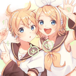 Rule 34 | 1boy, 1girl, :d, :o, bad id, bad pixiv id, blonde hair, blue eyes, brother and sister, close-up, commentary, detached sleeves, fingernails, frown, hair ribbon, happy, headset, index finger raised, kagamine len, kagamine rin, looking at viewer, open mouth, oto (8731832), puffy short sleeves, puffy sleeves, ribbon, sailor collar, shirt, short hair, short sleeves, siblings, smile, speech bubble, translation request, twins, upper body, v-shaped eyebrows, vocaloid, white ribbon, white shirt, yellow ribbon