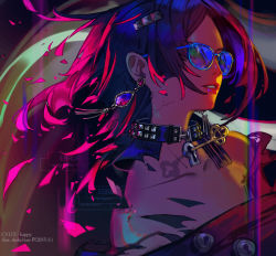 Rule 34 | 1girl, album cover, bad id, bad twitter id, blue-framed eyewear, blue-tinted eyewear, blue-tinted glasses, blue hair, chyoel, collar, cover, cracked skin, earrings, glasses, hair ornament, hairclip, highres, jewelry, key, keyhole, long hair, multicolored hair, original, parted lips, pink hair, purple-tinted eyewear, purple-tinted glasses, smile, solo, studded collar, sunglasses, tinted eyewear, two-tone hair, upper body