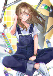 Rule 34 | 1girl, absurdres, blush, breasts, brown hair, hand in own hair, highres, hymgkamui, long hair, looking away, looking to the side, medium breasts, notebook, one eye closed, open mouth, original, overalls, paintbrush, shoes, sitting, solo