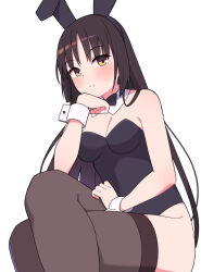 Rule 34 | 1girl, alternate costume, animal ears, black bow, black bowtie, black hair, black leotard, blush, bow, bowtie, breasts, brown thighhighs, cafe stella to shinigami no chou, cleavage, closed mouth, commentary, cowboy shot, crossed legs, detached collar, eyelashes, eyes visible through hair, fake animal ears, hair between eyes, hair down, head rest, leotard, long hair, looking at viewer, medium breasts, playboy bunny, rabbit ears, shiki natsume, simple background, sitting, solo, split mouth, straight hair, strapless, strapless leotard, symbol-only commentary, thighhighs, very long hair, white background, white wrist cuffs, wrist cuffs, yellow eyes, zlmh7okwwbmghfo
