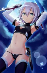 Rule 34 | 1girl, :o, absurdres, arm belt, armpits, arms up, backlighting, bandaged arm, bandages, bare shoulders, belt, belt buckle, black belt, black gloves, black panties, black shirt, black thighhighs, breasts, buckle, cloud, commentary request, cowboy shot, dagger, dual wielding, dutch angle, facial scar, fate/grand order, fate (series), from below, full moon, glint, gloves, green eyes, groin, hair between eyes, halterneck, highres, holding, holding knife, holding weapon, jack the ripper (fate/apocrypha), knife, legs apart, lens flare, looking at viewer, looking down, lowleg, lowleg panties, moon, moonlight, navel, night, night sky, panties, scabbard, scar, scar across eye, scar on cheek, scar on face, sheath, shiny skin, shirt, short hair, silver hair, single glove, sky, sleeveless, sleeveless shirt, small breasts, solo, standing, star (sky), starry sky, stomach, tattoo, thighhighs, turtleneck, underwear, unsheathed, weapon, yuusa