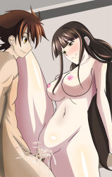 Rule 34 | 10s, 1boy, 1girl, breasts, brown hair, censored, collarbone, cum, cum in pussy, happy, happy sex, hetero, high school dxd, highres, hip focus, hyoudou issei, hyoudou miki, incest, large breasts, legs, long hair, mature female, midriff, mother and son, navel, nipples, nude, sex, shiny skin, smile, standing, standing congress, standing sex, tongsheng, vaginal, wide hips