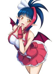 Rule 34 | 1girl, alfort (may0508), bare shoulders, blue hair, blush, breasts, dress, fang, fingernails, frilled dress, frills, hair ribbon, highres, large breasts, long fingernails, looking at viewer, millaarc, open mouth, orange eyes, pink dress, pointy ears, ponytail, red hair, ribbon, senki zesshou symphogear, senki zesshou symphogear, shiny skin, short hair, simple background, sketch, sleeveless, smile, solo, standing, teeth, tongue, tongue out, white background