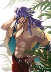 Rule 34 | 1boy, :q, abs, absurdres, belt, blurry, bright pupils, commentary request, creatures (company), dark-skinned male, dark skin, facial hair, fur trim, game freak, highres, jewelry, leon (pokemon), long hair, looking at viewer, male focus, navel, necklace, nintendo, pants, pectorals, pokemon, pokemon swsh, purple hair, raised eyebrows, red pants, smile, solo, tongue, tongue out, topless male, white pupils, yellow eyes, yunoru