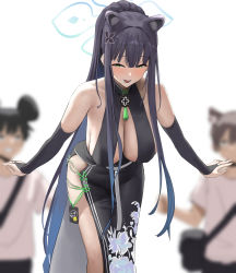 Rule 34 | 1girl, 2boys, animal ears, bare shoulders, black dress, black hair, blue archive, blue hair, blurry, blurry background, blush, breasts, chela77, cleavage, collarbone, detached sleeves, dress, floral print, gradient hair, green eyes, halo, highres, large breasts, long hair, looking at viewer, multicolored hair, multiple boys, open mouth, ponytail, shun (blue archive), side slit, sidelocks, smile, tassel, thighs, tiger ears, very long hair