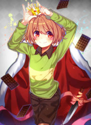 Rule 34 | androgynous, bad id, bad tumblr id, blush, blush stickers, brown eyes, brown hair, candy, cape, chara (undertale), chocolate, chocolate bar, collared shirt, cowboy shot, crown, dagger, food, gender request, glint, heart, highres, hyunodra, knife, looking at viewer, ribbon, shirt, shorts, smile, solo, spoilers, standing, striped clothes, striped shirt, tareme, undertale, weapon