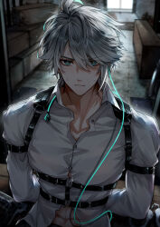 Rule 34 | 1boy, aguaaaaa4, ahoge, alhaitham (genshin impact), arms behind back, blurry, blurry background, blush, bound, bound arms, buttons, cable, closed mouth, collarbone, collared shirt, commentary, english commentary, genshin impact, glint, green eyes, green hair, grey hair, hair between eyes, hair over one eye, harness, highres, indoors, light particles, light rays, long sleeves, looking at viewer, male focus, multicolored hair, o-ring, parted bangs, serious, shirt, short hair, sidelocks, solo, sweat, swept bangs, tied up (nonsexual), upper body, v-shaped eyebrows, white shirt, window, wing collar