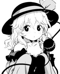 Rule 34 | 1girl, :o, bare shoulders, black hat, blouse, bow, bright pupils, cock robin, collarbone, expressionless, eyeball, frilled shirt collar, frilled sleeves, frills, greyscale, hat, hat bow, hat ribbon, high contrast, komeiji koishi, long sleeves, looking to the side, medium hair, monochrome, parted lips, ribbon, shirt, simple background, solo, third eye, touhou, upper body, wavy hair, wide sleeves