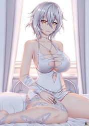 Rule 34 | bandaged arm, bandages, bed sheet, breasts, choker, claw ring, cleavage, code vein, dress, io (code vein), jewelry, large breasts, necklace, shirt, smile, solo, sunlight, tagme, thick thighs, thighs, torn clothes, torn dress, white background, white hair, white shirt, window, zerg309
