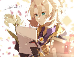 Rule 34 | 1boy, albedo (genshin impact), blonde hair, blue eyes, blue shirt, confetti, dated, flower, genshin impact, gloves, hair between eyes, highres, holding, holding flower, holding paper, jacket, male focus, paper, parted lips, ryu genshin77, scar, scar on neck, shirt, simple background, solo, upper body, vision (genshin impact), white background, white flower
