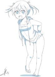 Rule 34 | 1girl, :d, bare legs, bikini, commentary request, flip-flops, hand on own hip, hood, hood down, jacket, long sleeves, looking at viewer, monochrome, no socks, open mouth, original, sandals, signature, simple background, smile, solo, swimsuit, tsukigi, twintails, white background