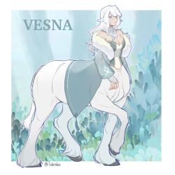 Rule 34 | 1girl, animal ears, bare shoulders, blue eyes, breasts, bridal gauntlets, centaur, character name, cleavage, closed mouth, coat, collarbone, commentary, full body, fur-trimmed coat, fur trim, grey coat, grey shirt, highres, horse ears, horse tail, long hair, long sleeves, looking at viewer, medium breasts, monster girl, multiple legs, off shoulder, original, pointy ears, shirt, sidelocks, solo, standing, strapless, strapless shirt, tabitha qu, tail, taur, twitter username, white hair