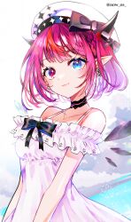 Rule 34 | 1girl, absurdres, bare shoulders, beret, black bow, black choker, blush, bow, choker, closed mouth, dress, frilled dress, frills, gold necklace, hat, heterochromia, highres, hololive, hololive english, horns, irys (casualrys) (hololive), irys (hololive), jewelry, looking at viewer, multicolored hair, necklace, pink hair, pointy ears, red hair, short hair, sleeveless, sleeveless dress, solo, sowon, spaghetti strap, streaked hair, twitter username, upper body, virtual youtuber, white dress