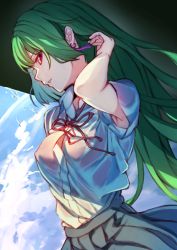 Rule 34 | 1girl, absurdres, adjusting hair, armpit crease, blue sky, cloud, cloudy sky, commission, covered erect nipples, earrings, green hair, grey skirt, highres, jewelry, long hair, marse (rokudaime), original, parted lips, pixiv commission, red eyes, red ribbon, ribbon, see-through, shirt tucked in, skirt, sky, solo, water, wet, wet clothes