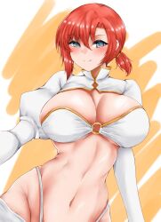 Rule 34 | 1girl, aqua eyes, bikini, blush, boudica (fate), breasts, cleavage, fate/grand order, fate (series), highres, juliet sleeves, large breasts, long sleeves, looking at viewer, navel, o-ring, o-ring bikini, o-ring top, puffy sleeves, red hair, ryou (619-619), short hair, short ponytail, shrug (clothing), smile, solo, swimsuit, white bikini