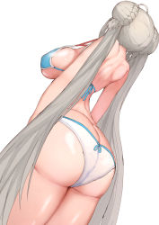 Rule 34 | 1girl, ahoge, ass, azur lane, bad id, bad pixiv id, bare arms, bare shoulders, bikini, blue bikini, braid, braided bun, breasts, butt crack, double bun, dutch angle, formidable (the lady of the beach) (azur lane), from behind, from below, grey hair, hair bun, highres, large breasts, legs together, long hair, shiny skin, sikijou77o, simple background, solo, swimsuit, twin braids, very long hair, white background